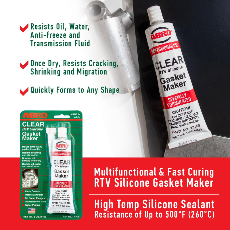 RTV Silicone Sealant and Gasket Maker ABRO: Up to 500 Degree F Heat, High Temp Silicone Sealant, 3 oz/85g Tube - Clear