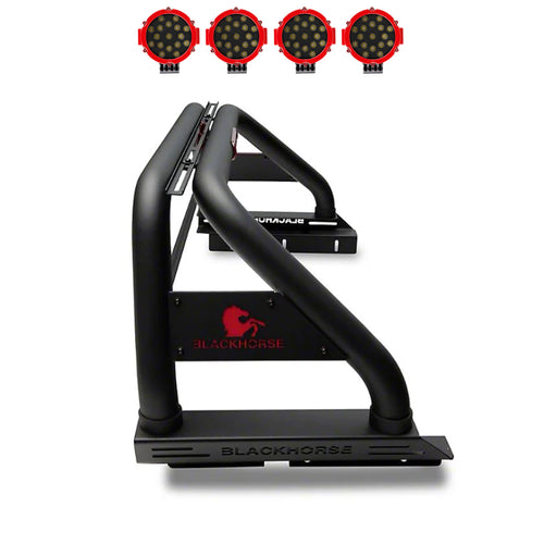 Classic Black Horse Roll Bar Incl. Pair of 7.0" Dia. LED Lights w/Red Trim Rings Compatible with 2020-2024 Jeep Gladiator-RB09BK-PLR