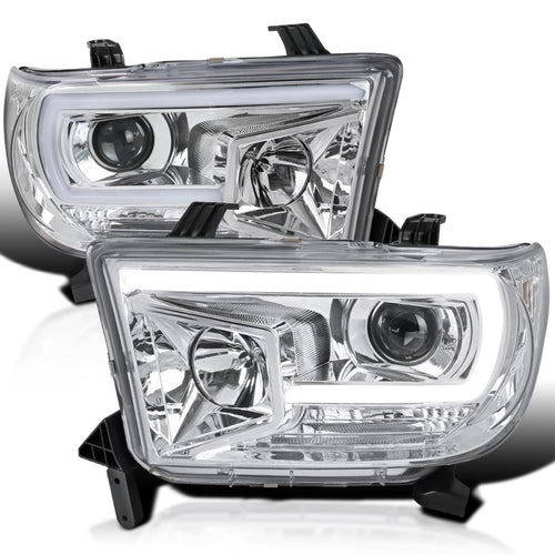 Chrome Projector Headlights SPEC-D TUNING w/LED Light Bar Compatible with 2007-2013 Toyota Tundra, 2008-2017 Toyota Sequoia, Left + Right Pair Headlamps Assembly