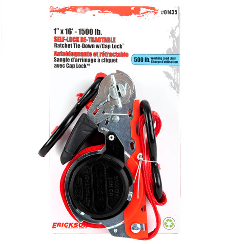 Retractable Ratchet Tie Down Strap Erickson - 1 in x 16 ft - 1500 lb Break Strength, Red Webbing, Self-Locking, Cap Lock Hooks - Heavy Duty for Truck, Trailer, ATV, UTV, Vehicle Cargo