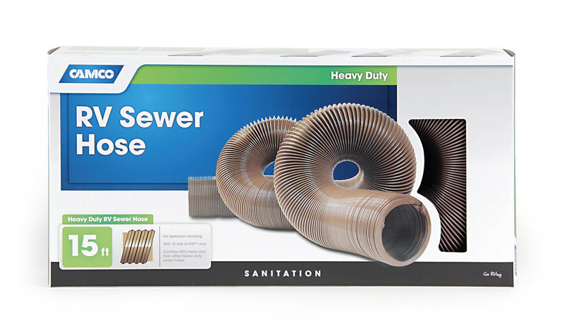 Camco High Tensile Strength Durable Vinyl Sewer Hose with Steel Wire Core – 15’ Hose with 15 mils of HTS Vinyl, Great for Year Round RVing Compresses to 26” for Simple and Easy Storage, Brown (39661)
