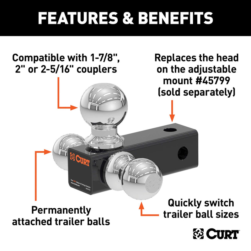 CURT Replacement 45800 Adjustable Trailer Hitch Ball Mount Head with 3 Balls for CURT #45799