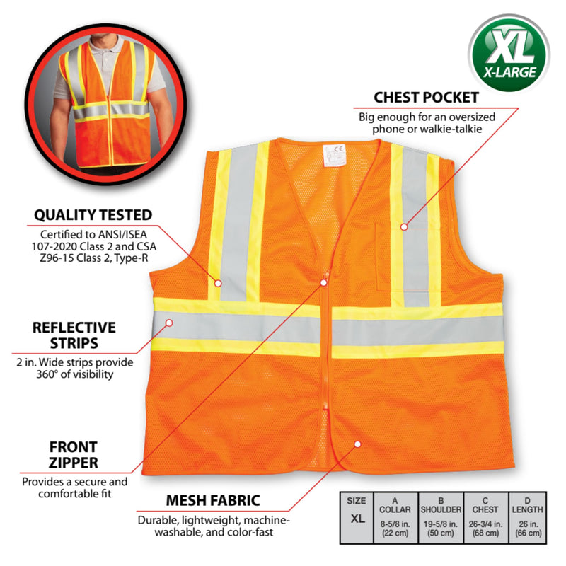 Class-2 Performance Tool High Visibility Safety Vest Size XL, Silver Reflective Stripes, Front Chest Pockets, Zip Closure, ANSI/ISEA 107-2020 Class 2, Orange