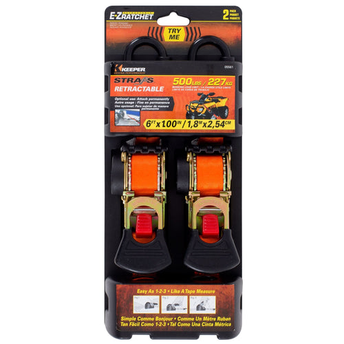 1” x 6' Keeper Retractable Ratchet Tie-Down with S Hooks, 2 Pack - 500 lbs. Working Load Limit