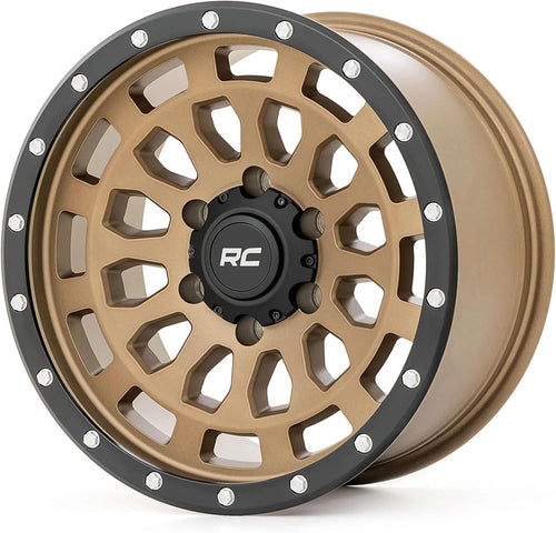 17x8.5" Rough Country Bronze Aluminum Wheel with Black Ring & Simulated Beadlock - 6x5.5 Bolt Pattern, +25mm Offset, Durable One-Piece Rim for Trucks & Jeeps 87 Series