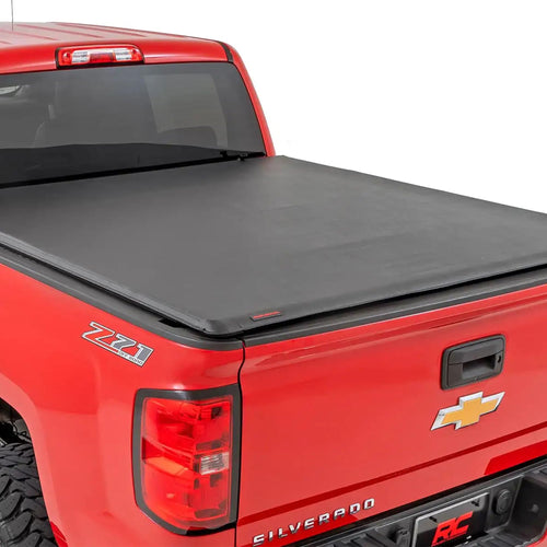 Soft Roll-Up Bed Cover Rough Country for Chevy Silverado & GMC Sierra 1500/2500HD/3500HD (2014–2019 & Classic) - Fits 6'7 Bed, Low-Profile Vinyl Tonneau Cover