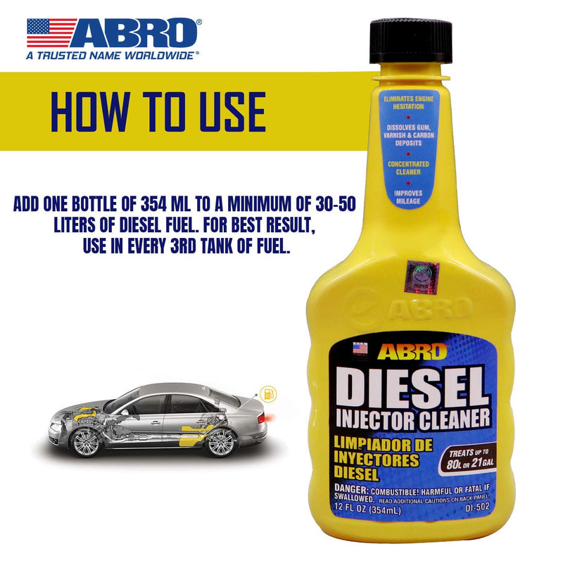 Diesel Injector Cleaner ABRO, 12 oz., Concentrated Fuel System Cleaner, Fuel Injector Cleaner, Diesel Fuel Additive, Improves Mileage, Eliminates Engine Hesitation, Treats Up to 21 Gallons
