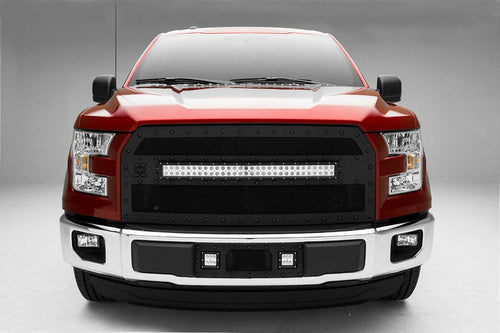 2015-2017 F-150 T-Rex Grilles Stealth Torch Bumper Grille, Black, 1 Pc, Insert, Black Studs with (2) 3" LED Cube Lights - PN #6325731-BR