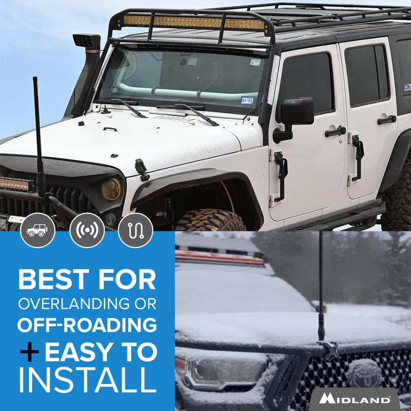 MXAT05VP-3dB Midland Heavy-Duty Bull Bar Antenna Spring Base Micromobile - 28.5” with 462-468 MHz Frequency - Long Range GMRS Communication - Overlanding Off-Roading - Easy to Install