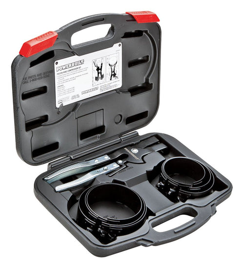 Piston Ring Compressor Tool Set Powerbuilt for Car Engine, Vehicle Maintenance Clamps, Ratchet Pliers, Storage Case - 940387