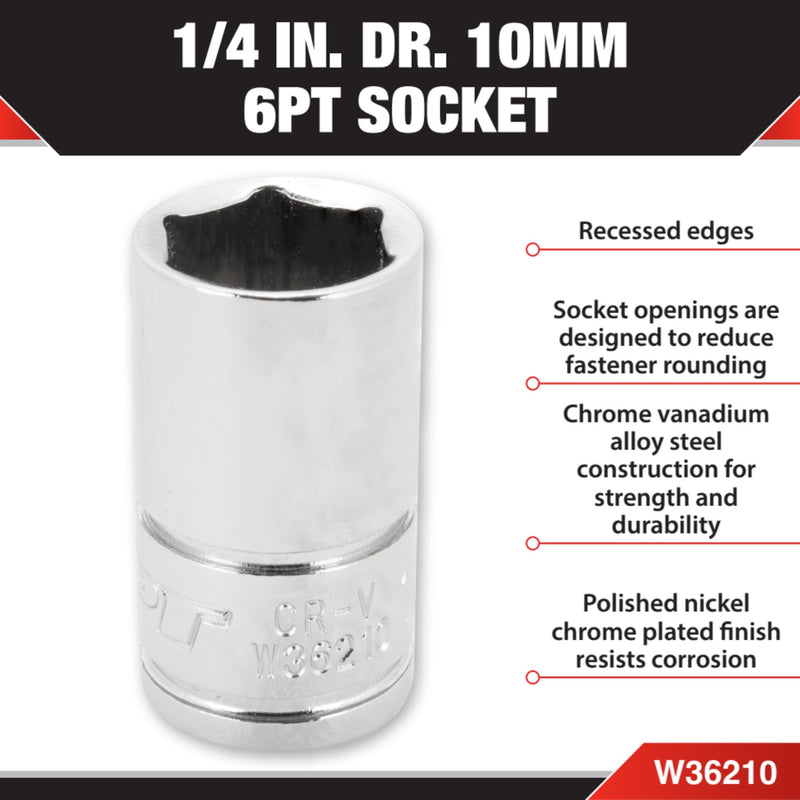 1/4 Drive Performance Tool W36210 Chrome 6-Point Socket, 10mm
