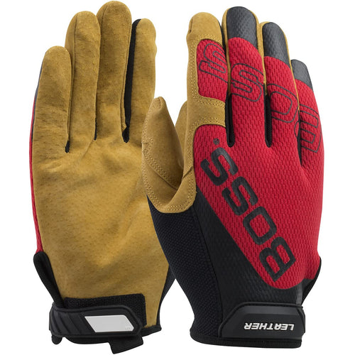 Boss Men's Safety Premium Pigskin Leather Work Gloves, Mesh Backing, Abrasion Resistant, High Dexterity, Touchscreen, Red, Yellow, 2X-Large, (120-ML1350T/XXL)