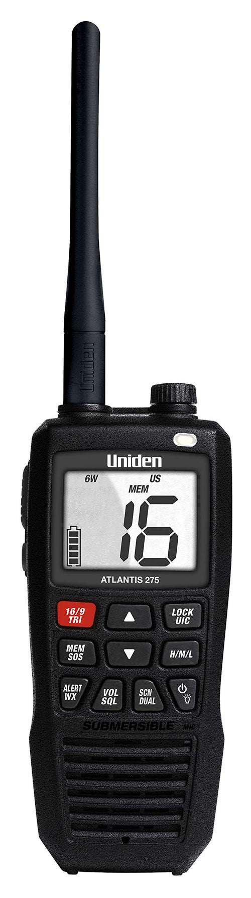 Atlantis 275 Uniden Handheld Two-Way VHF Marine Radio, Floating IPX8 Submersible Waterproof, Large Dual-Color Screen, 6-Watt, All USA/International/Canadian Marine Channels, NOAA Weather Alerts