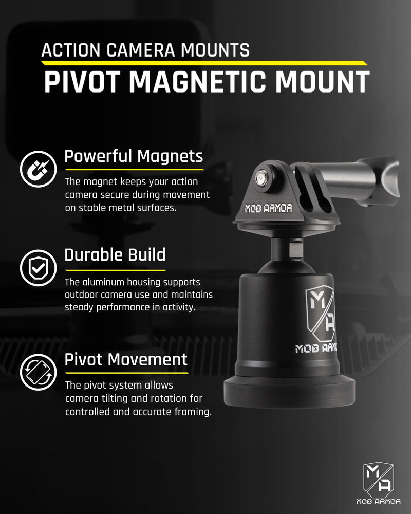Mob Armor Pivot Mount Action Camera - Heavyduty Magnetic Base for GoPro and Action Cameras, Adjustable 90° Ball Joint, and Ultra-Strong 90 lb Pull-Force for Versatile Filming (5 x 5 x 5 Inches)