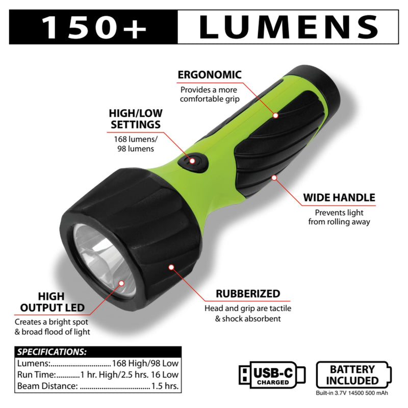 150+LM Performance Tool W2431 Rubber Grip Flashlight, Rubberized Head, Wide Handle, USB-C Charging, Green