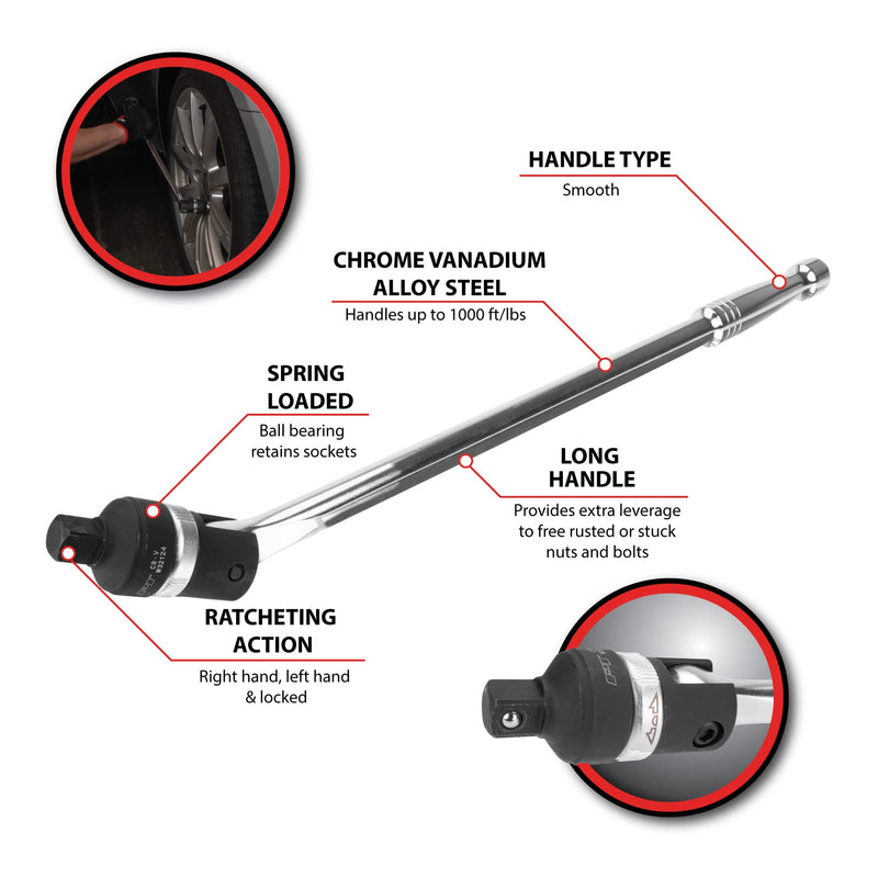 W32124 Performance Tool 1/2-in Drive High Torque Flex Handle Home Improvement Hand Tool, Black/Silver, 18-Inches