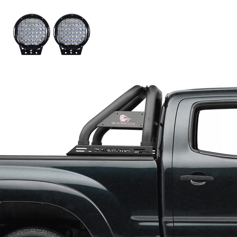Classic Black Horse Roll Bar Incl.Set of 9 Black Round LED Light Compatible with 2022-2024 Nissan Frontier-RBB22-PL69B