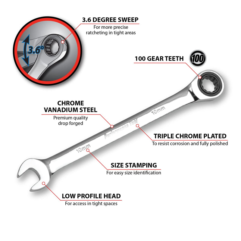 17mm Performance Tool W30357 Chrome Vanadium Professional Ratcheting Wrench
