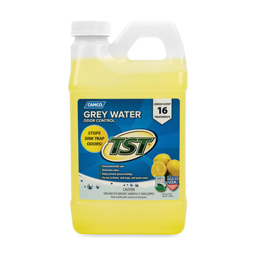 Camco TST Grey Water Odor Control Camper/RV - Removes Grease Buildup in Gray Water Tank, Sink & Shower Drains - 4oz Treats 40-Gal Holding Tank - Safe Septic Tank Treatment - Lemon, 64 oz (40256)