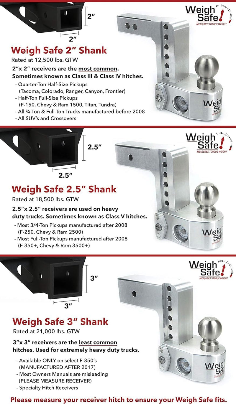Weigh Safe Adjustable Aluminum Trailer Hitch - Anti-Sway Towing Hitch for 3" Receivers - 10" Drop Hitch, 21,000 lbs GTW, 4-Piece Lock Set