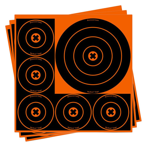 Birchwood Casey Always Flat Big Burst Bull's Eye Adhesive Back Shooting Training Reactive Targets | Pack of 3 Sheets | 8" & 4" Targets (6 Targets per Sheet)