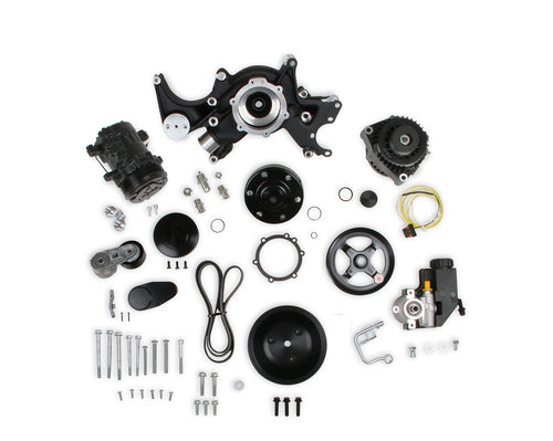 Holley Complete SBC Front Accessory Serpentine Drive Conversion System | Mid-Mount with Water Pump, Alternator, A/C & Power Steering | Fits Small Block Chevy Black Finish 20-240BK