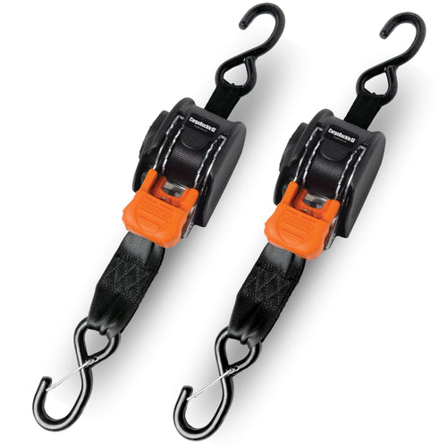 Mini G3 CargoBuckle Retractable Ratchet Straps with Dual S-Hooks, 1400 lbs Break Strength, 1-Inch Width X 6 ft Reach, Auto Ratchet Straps for Trailers, Toy Haulers, ATVs, and Motorcycles - 2 Pack