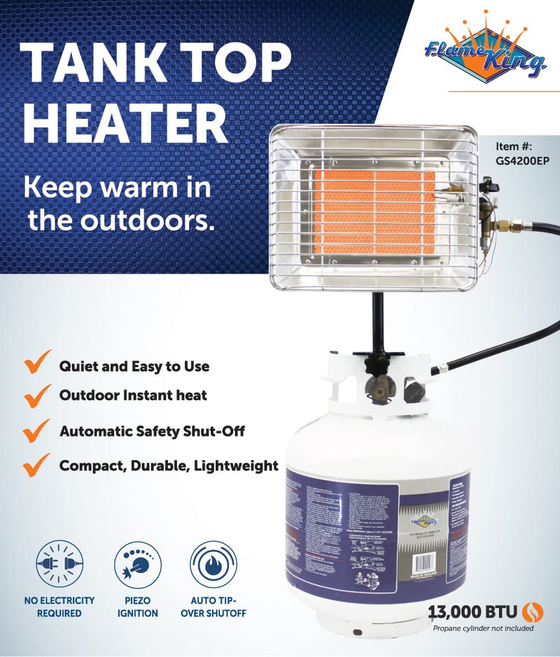 Flame King 13,000 BTU GS4200EP Propane Tank Top Heater, Great for Outdoor Jobs, Construction Sites, Campsites, Thawing and Heating Purposes Silver