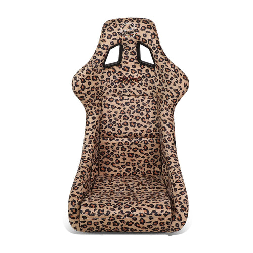 NRG Innovations Prisma Fixed Back Bucket Racing Seat NRG-FRP-302-BR-SAVAGE with Bottom Mount Bracket, Brown Savage Leopard Print Fabric/White Pearl Back