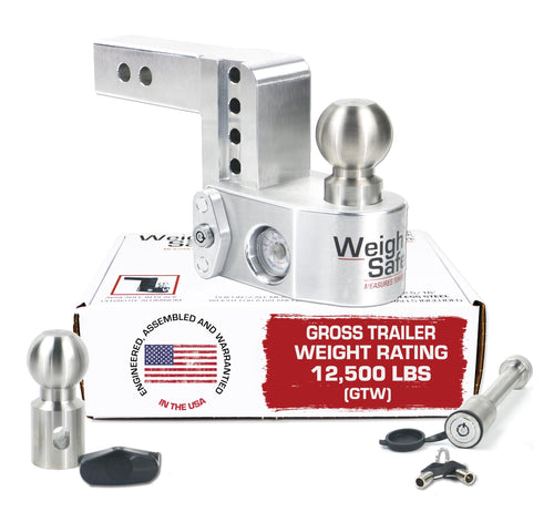 Weigh Safe Adjustable Aluminum Trailer Hitch - Towing Hitch with Built-In Tongue Weight Scale - Compatible with 2" Receivers - 4" Drop, Stainless Steel Tow Balls, 12,500 GTW, 2-Piece Lock Set