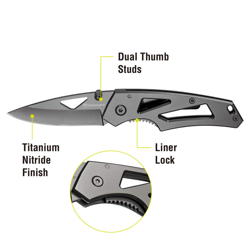 Kilimanjaro 6-Inch Vertice Folding Knife – 2.6" Drop Point 7Cr17MoV Stainless Steel Blade, Titanium Nitride Finish, Dual Thumb Stud, Liner Lock – 910061