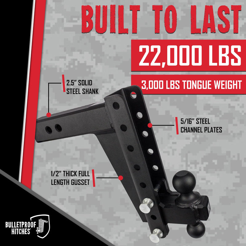 2.5" BulletProof Hitches Adjustable Heavy Duty Trailer Hitch (22,000 lb. Rating) - 10" Drop/Rise Trailer Hitch with 2" & 2-5/16" Dual Ball - Powder Coat, Solid Steel, Corrosion-Resistant