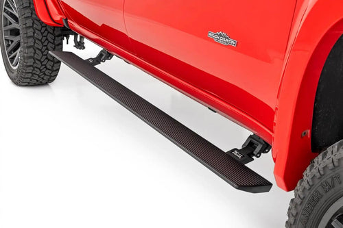 Rough Country Power Running Boards with LED Step Lights for Silverado/GMC Sierra 1500/2500HD/3500HD, Crew Cab (2009-2014) - Dual Motor Electric Powerstep Board & Retractable Truck Steps