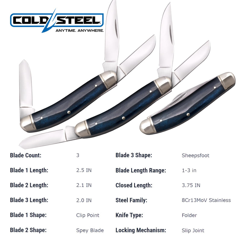 Cold Steel Stockman Gentlemen's Versatile Practical Durable Compact Pocket Folding Knife - 3 Blades; Blue Bone Handle; Slip Joint Lock