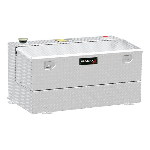 TrailFX Liquid Transfer Tank and Truck Utility Chest Combo, 75 Gallon Diesel/Water Diamond Plate Aluminum 27" L 48" W 24" H Tank 7.5 Cubic Foot 18" L 48" W 15" H Tool Chest Lockable Cap