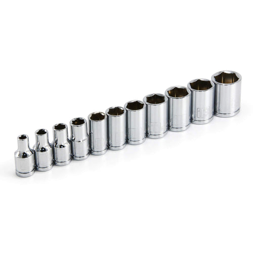 11 Piece Powerbuilt Metric Shallow Socket Set, 1/4-Inch Drive, 6 Point, Dual Grease Rings, Size Markings - 640498, Silver