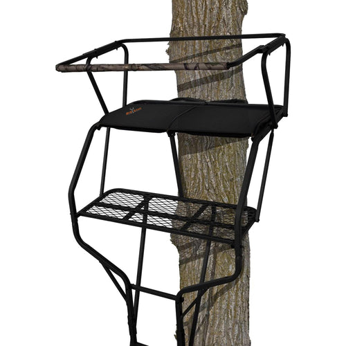 2-Person Big Game Ladder Tree Stand For Hunting Deer with Seats, 18' Tall, Camo/Black - Adjustable Climbing Treestand with Platform and Safety Harness for Shooting