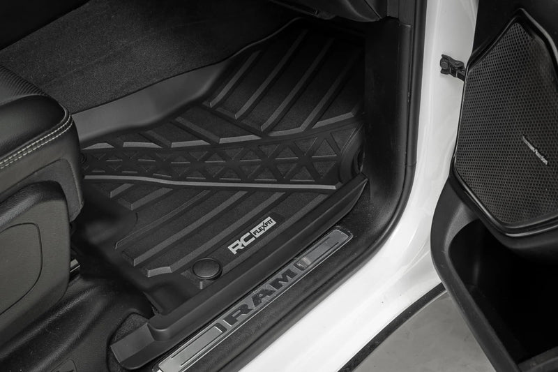 Rough Country Front Flex-Fit Floor Mats for Ram 1500 (2019-2024)/1500 TRX (2021-2024) Crew Cab - Custom All-Weather Non-Slip TPE Liners with Spill Saver Lip