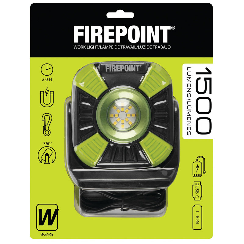 Firepoint Performance Tool W2635 1500+LM Li-Ion Utility Work Light, USB-C Charging, Swivel/Magnetic Base, Power Bank Capability, Black/Green