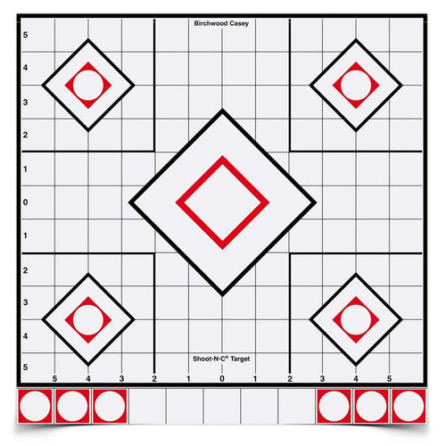 BIRCHWOOD CASEY 12" Shoot-N-C White & Black Reactive Sight-In Target - Highly Visible Instant Feedback Self-Adhesive Shooting Target Stickers with Repair Paster - 5 Targets, 55 Pasters