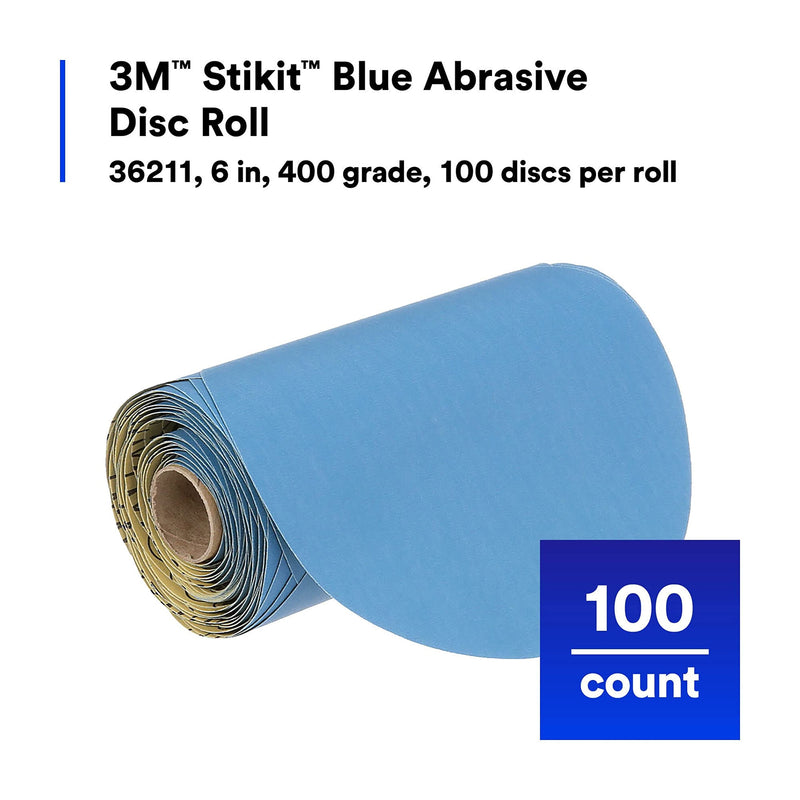 3M Blue Stikit Abrasive Disc Roll, 36211, No Hole, 6 in, 400+ Grade, Pack of 100, Automotive Sanding Discs for Coating Removal, Body Repair, Auto Sanding, Primer Sanding