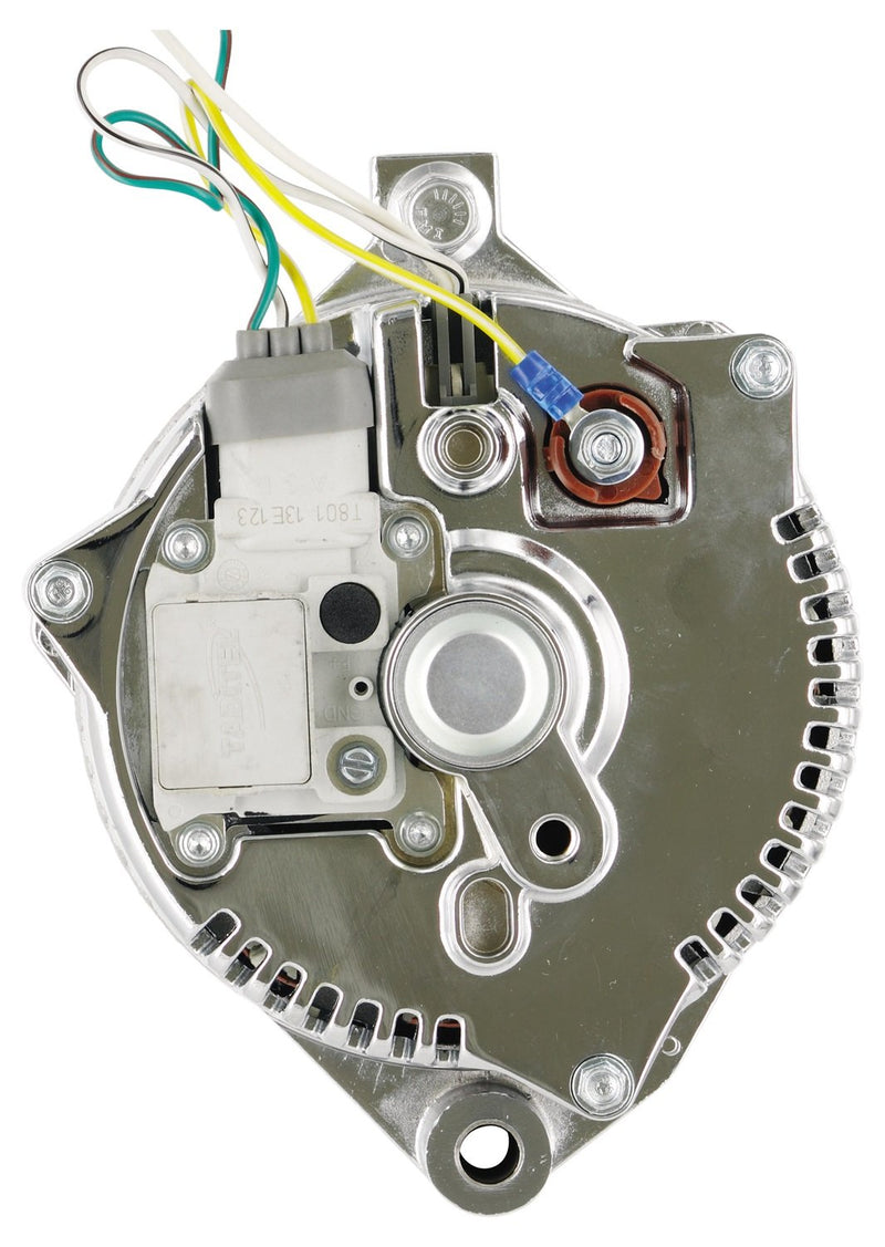 Alt Ford Powermaster 3G Chrome 200A 6 grv & 1V Pulley Large Frame Str MTG Threaded MTG Ear w/Reg Adapter Harness