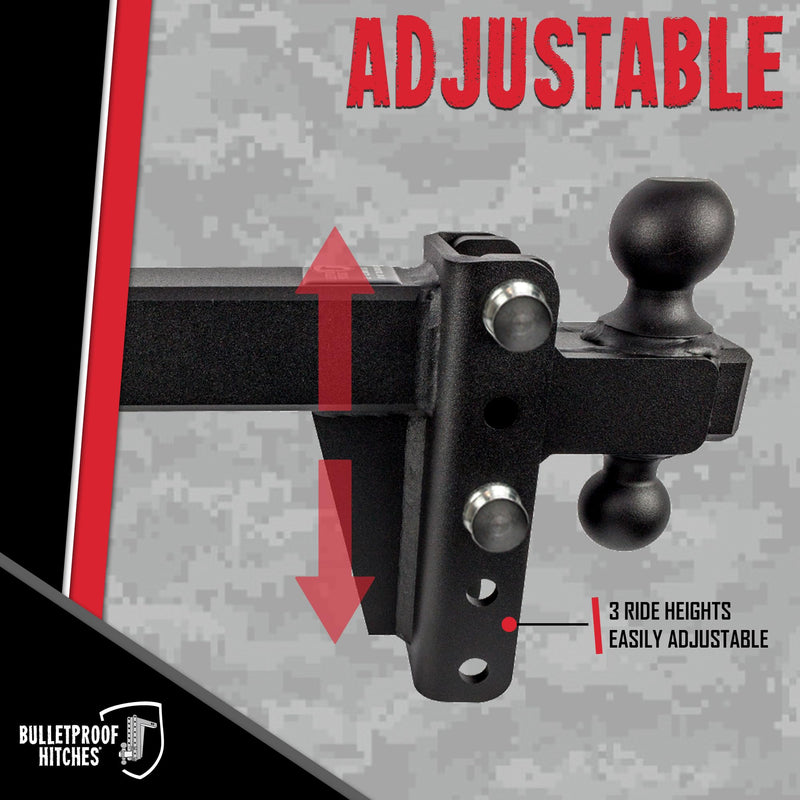 2.5" BulletProof Hitches Adjustable Extreme Duty Trailer Hitch (36,000 lb. Rating) - 4" Drop/Rise with 2" and 2 5/16" Dual Ball - Powder Coat, Solid Steel, Corrosion-Resistant