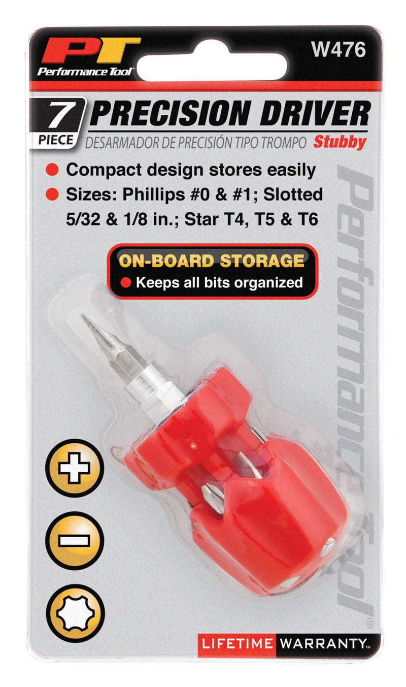 Stubby Performance Tool W476 Precision Screwdriver, 7 Piece (with Phillips, Slotted and Star Bits)