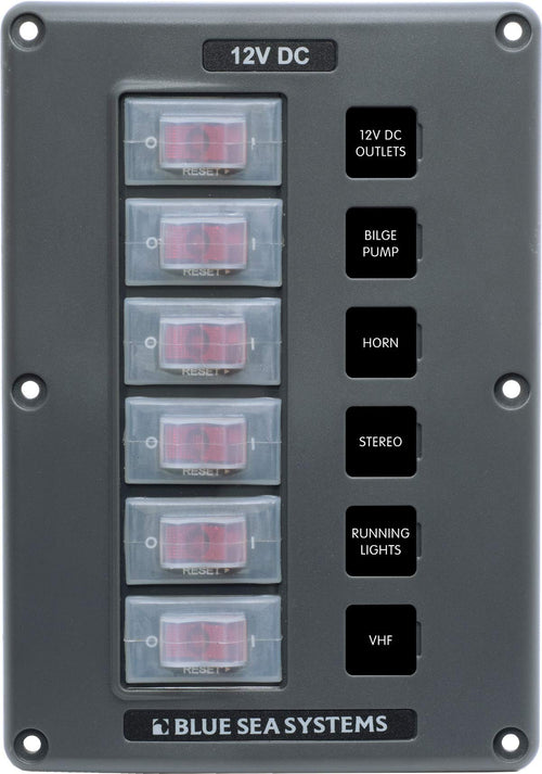 Water-Resistant Circuit Breaker Switch Panel Blue Sea Systems, Gray, 6 Positions