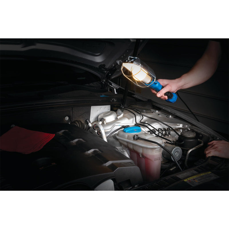 25' Performance Tool W2243 18GA, 120V LED or Incandescent Drop Light, Steel Cage Shield with Extra Built in 120V Outlet