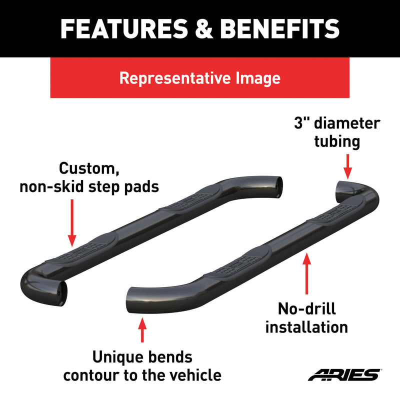 3-Inch Round Black Steel ARIES Nerf Bars, No-Drill, Fits Select Chevrolet Silverado, GMC Sierra 1500 Extended Cab