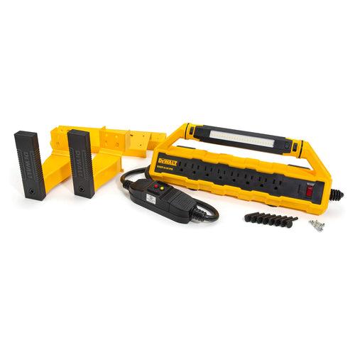 15-Amp Dewalt GFCI Power Station with Detachable Work Light and Cord Minder Kit, 8 Standard 3-Prong Outlets, 2 USB Ports