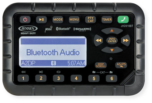 Jensen AM/FM/WB/Bluetooth/SiriusXM Ready JHD916BT Weatherproof Mini Radio, Programmable Station Presets, 12V DC Power, Non-Volatile Memory, 2-Ch. Amplified Audio Output, 12/24-Hr Clock