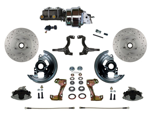 Power Front Disc Brake Conversion Kit LEED BRAKES Cross Drilled And Slotted Rotors With 7" Dual Chrome Booster Cast Iron Chrome Top M/C Adjustable Proportioning Valve